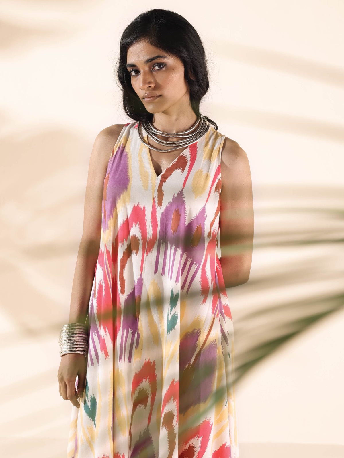 trueBrowns Pink Cotton Ikat Sleeveless Dress | Grocsy