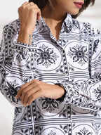 trueBrowns White Cotton Print Shirt Dress | Grocsy
