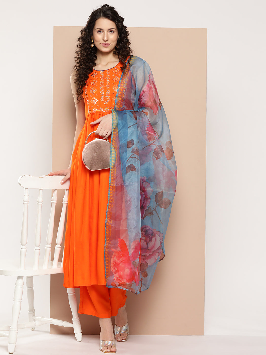 InWeave Women's Orange Mirror Work Aline Strappy Kurta Set Blue Fuchsia Or Dupatta | Grocsy