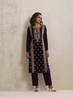 trueBrowns Purple Velvet Embroidered Kurta Pant Dupatta Set | Grocsy