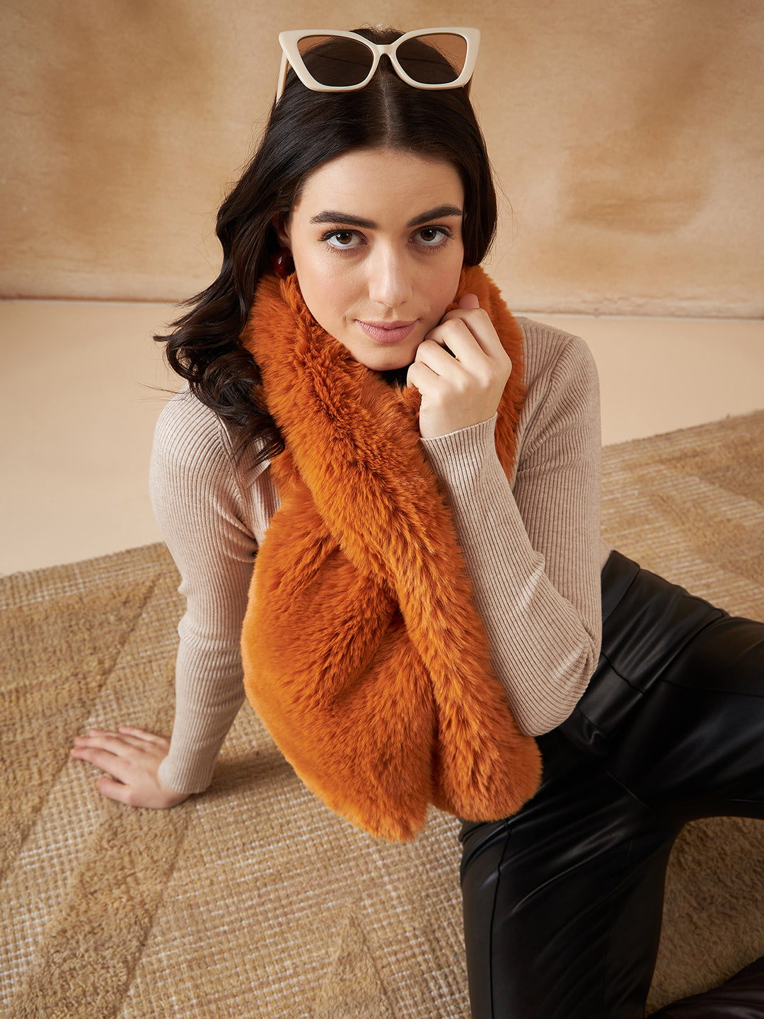 InWeave Women's Carrot Orange Faux Fur Neck Warmer | Grocsy