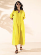 trueBrowns Lime Cotton Front Slit Dress | Grocsy