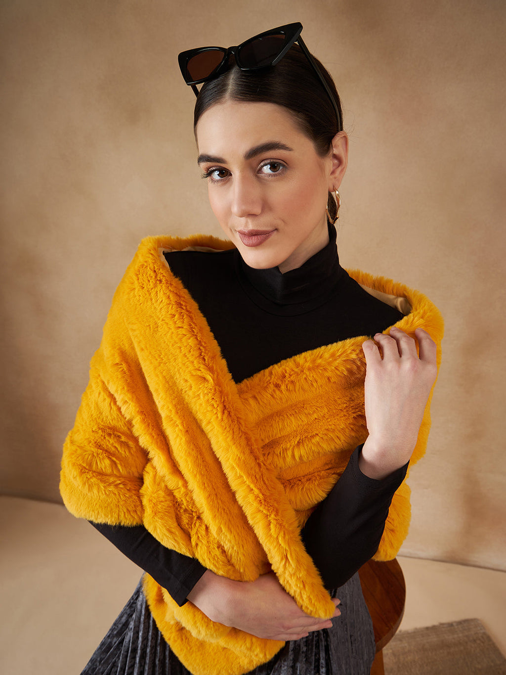 InWeave Women's Yellow Long Faux Fur Cape | Grocsy