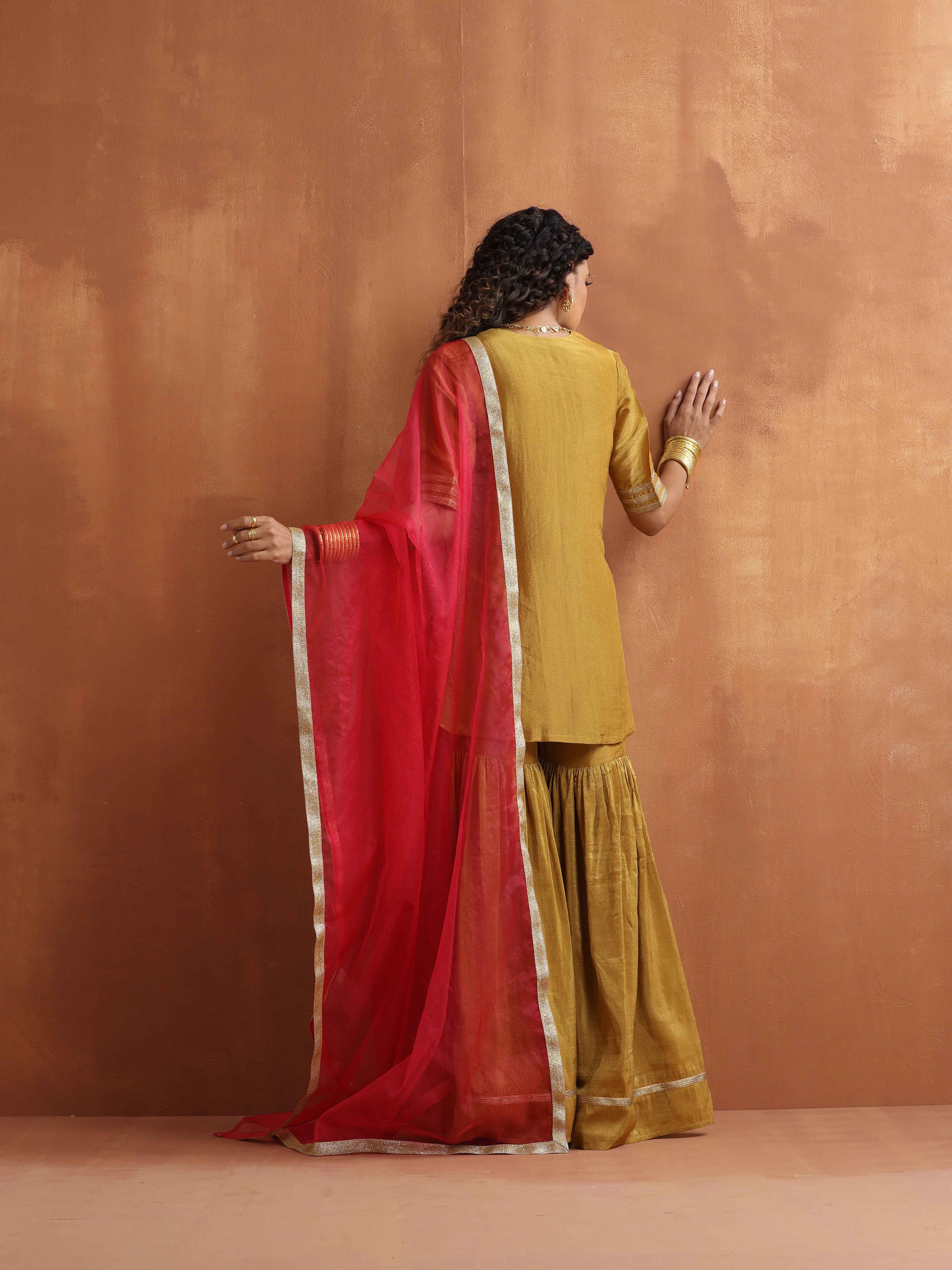 trueBrowns Gold Tissue Sharara Dupatta Set | Grocsy
