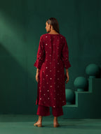 trueBrowns Maroon Diamond Viscose Silk Puff Sleeve Kurta Pant Set | Grocsy