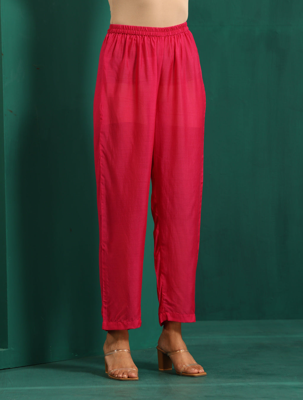 trueBrowns Pink Leaf Muslin Silk Printed Yoke Gathered Co-ord Set | Grocsy