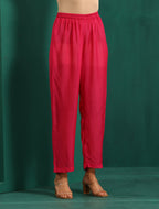 trueBrowns Pink Leaf Muslin Silk Printed Yoke Gathered Co-ord Set | Grocsy