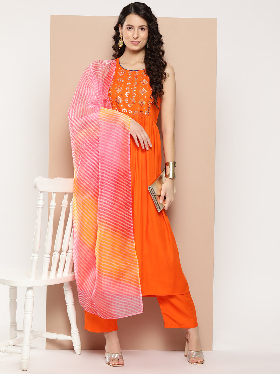 InWeave Women's Orange Mirror Work Aline Strappy Kurta Set W Pink Yellow Leh Dupatta | Grocsy