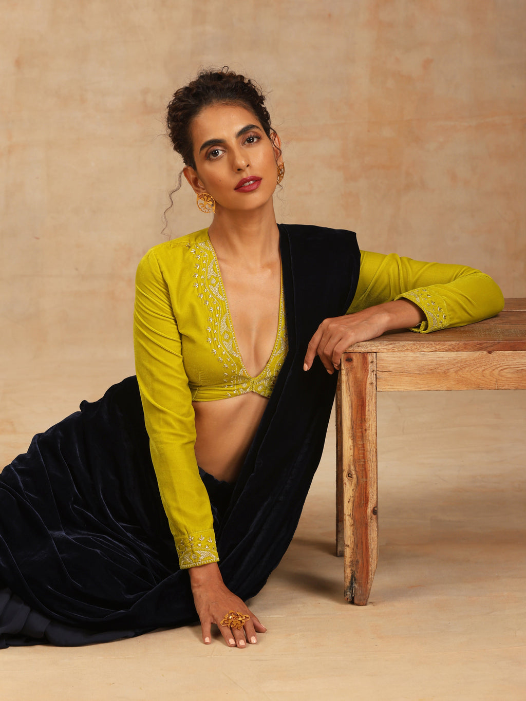 trueBrowns Lime Velvet Embroidered Blouse | Grocsy