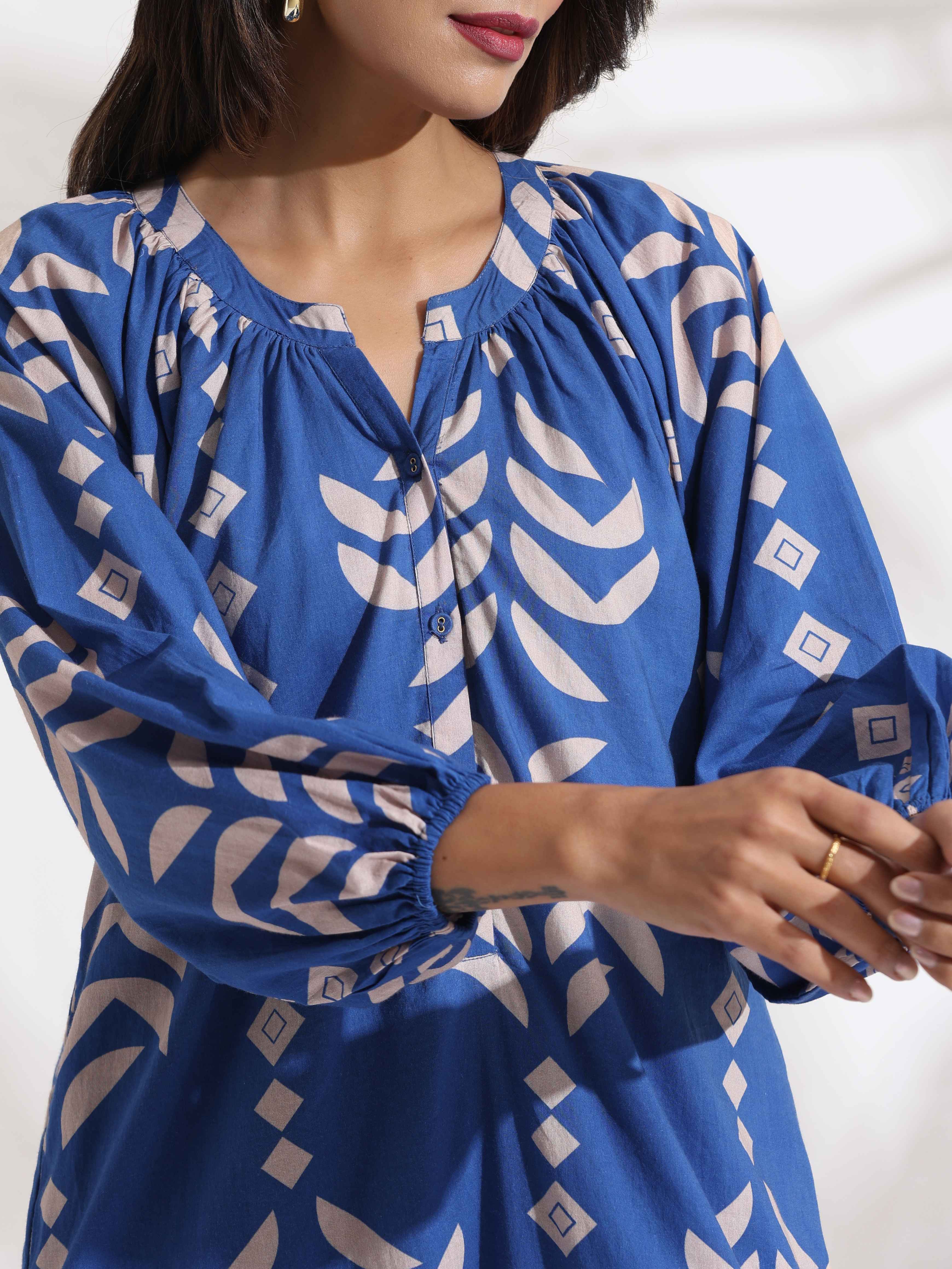 trueBrowns Blue Cotton Print Dress | Grocsy