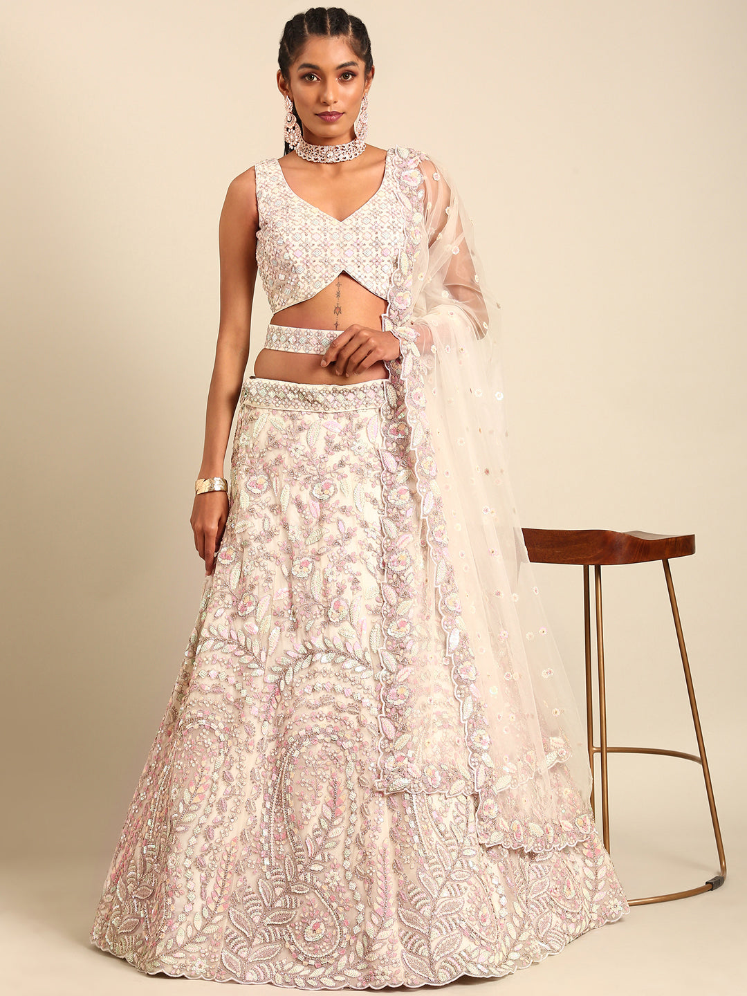 House of Panchhi Cream Net Multi Sequins with heavy Zarkan embroidery Lehenga choli & Dupatta | Grocsy