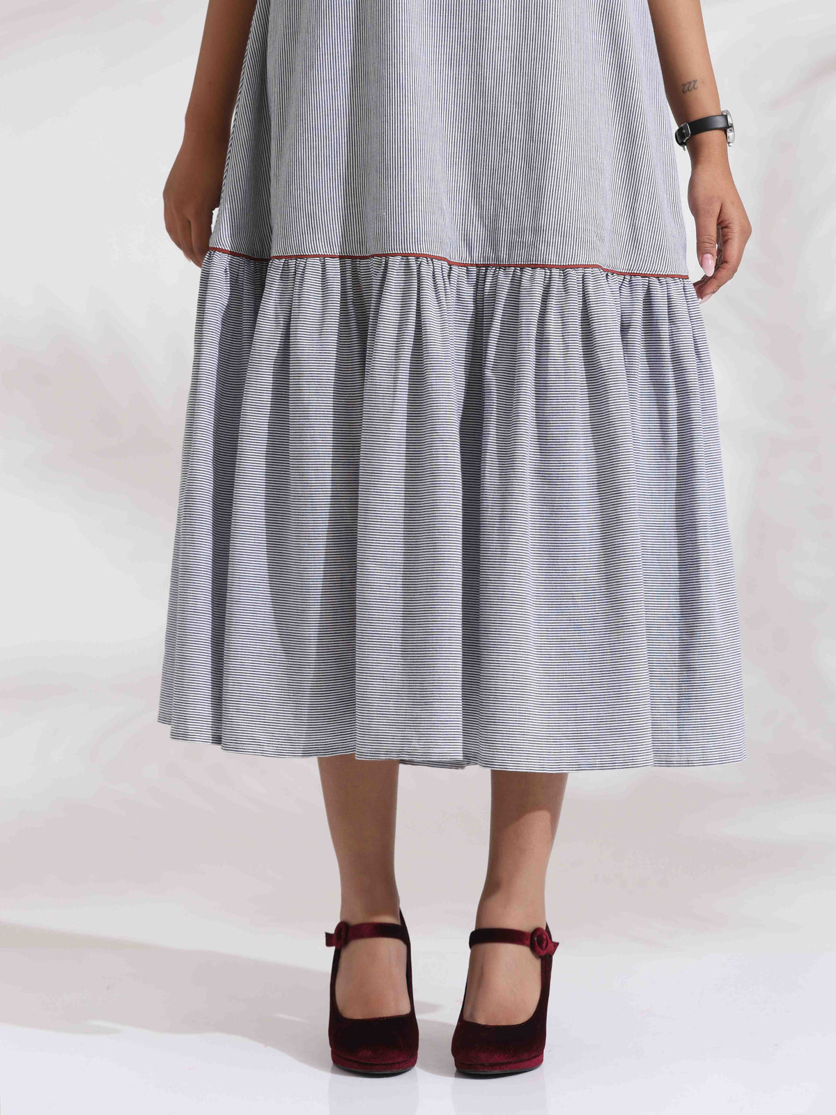 trueBrowns trueBrown Grey Cotton Stripe Tier Dress | Grocsy