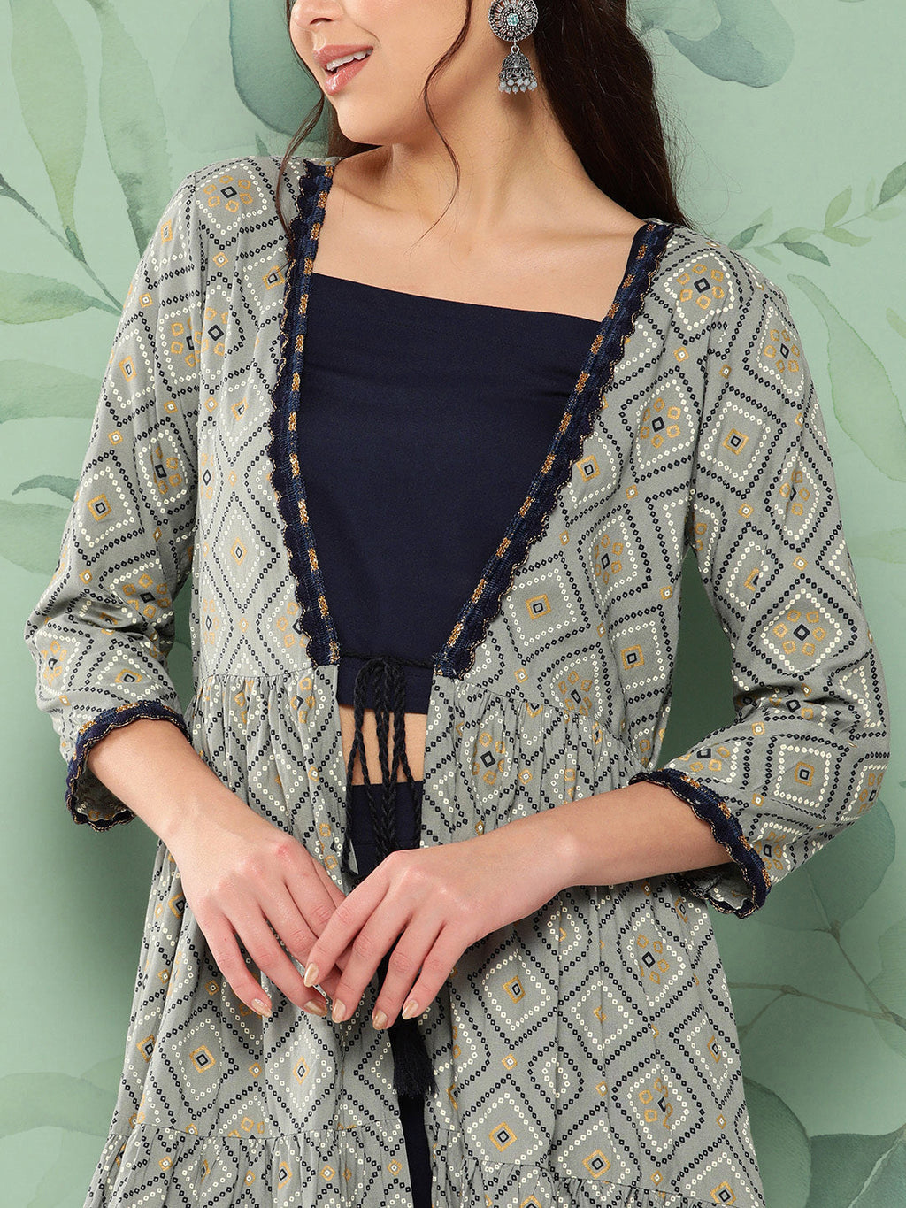 InWeave Women's Navy Top Bottom W Grey Bandhej Long Shrug Set | Grocsy