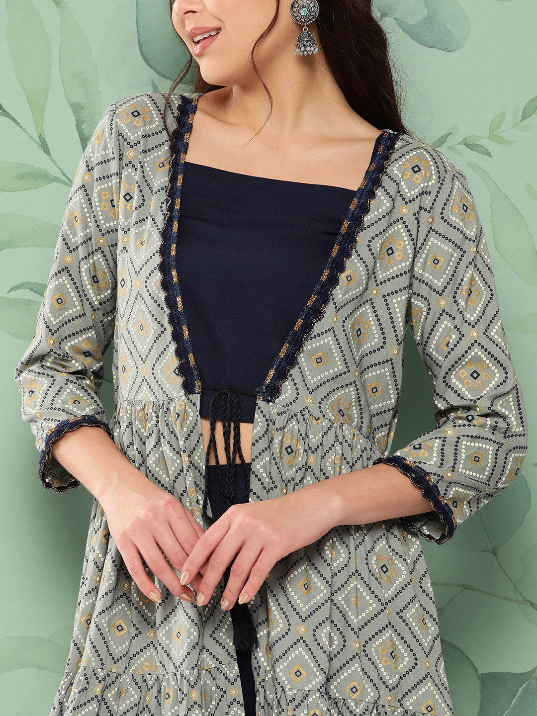 InWeave Women's Navy Top Bottom W Grey Bandhej Long Shrug Set | Grocsy
