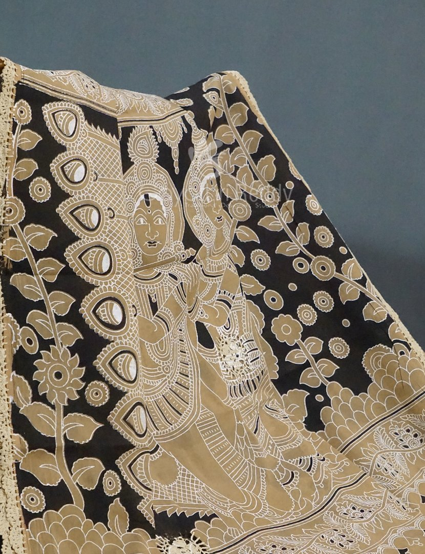 Black And Khaki Combo Colour Pichwai Print Crocia Mulmul Cotton Saree By Gayathri Reddy Designer Studio | Grocsy
