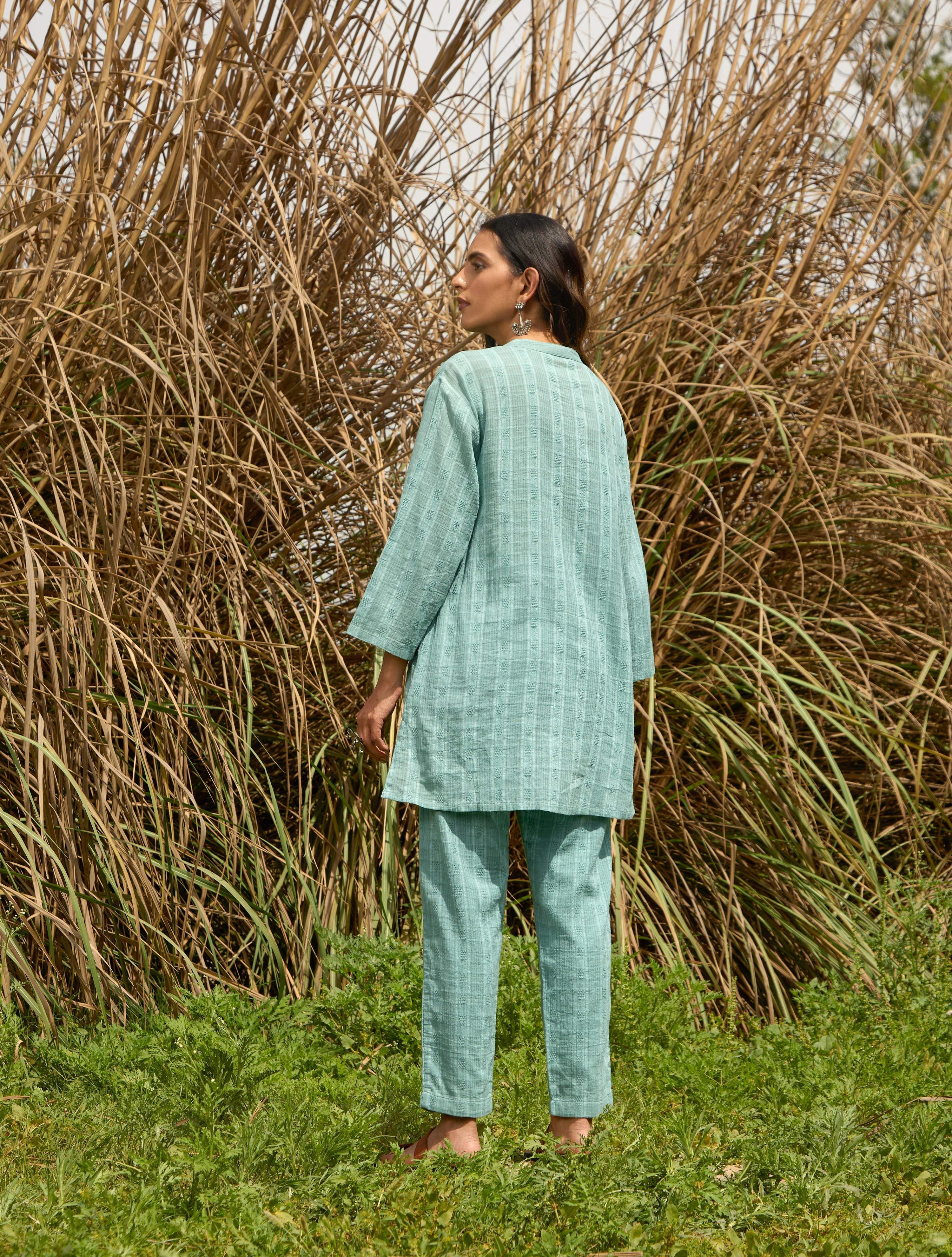 trueBrowns Light Blue Cotton Dobby Relaxed Co-ord Set | Grocsy