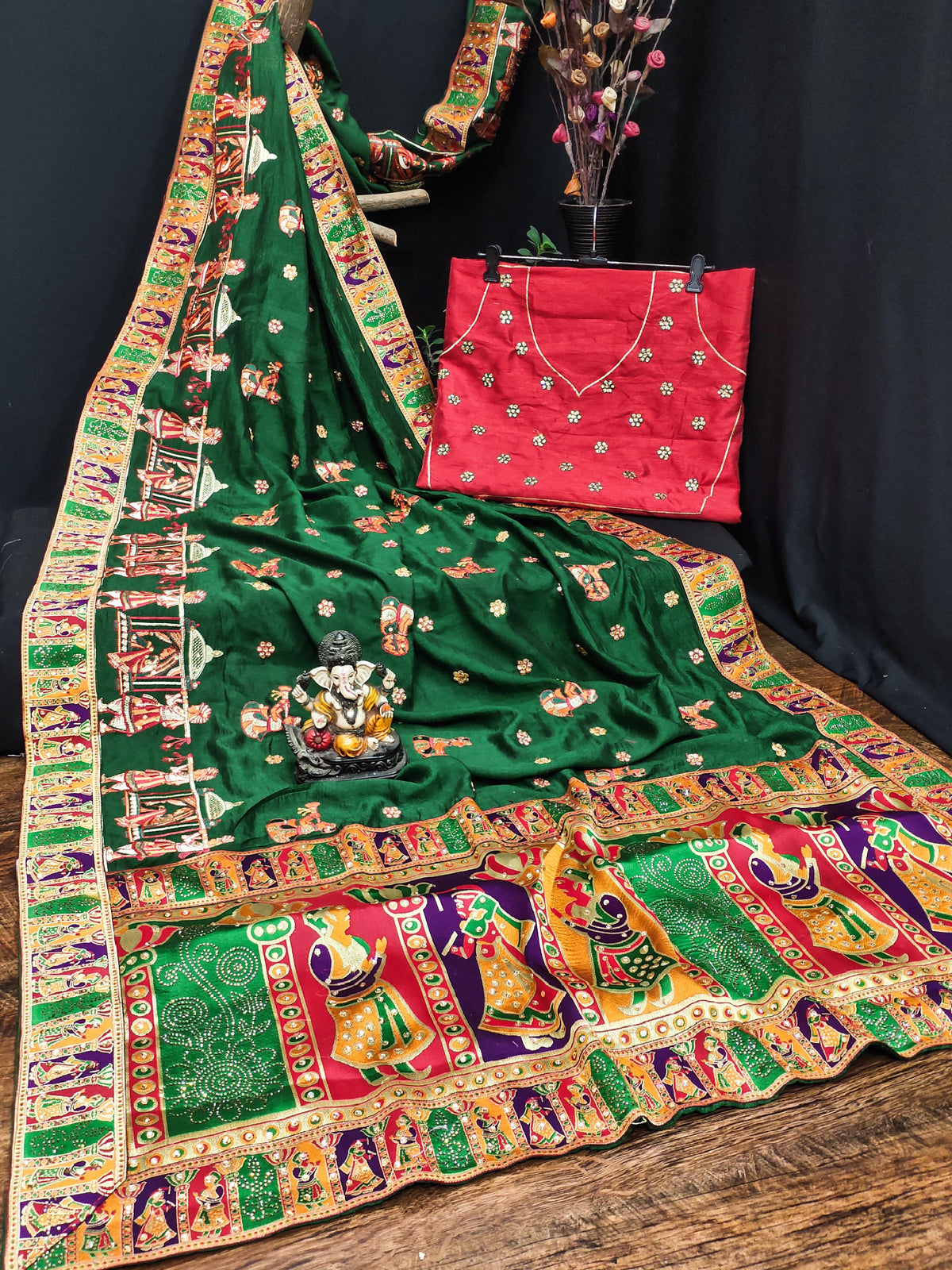 Lorenvalley Fashion Premium Green Vichitra Silk Embroidery and Diamond work Both Side Saree | Grocsy