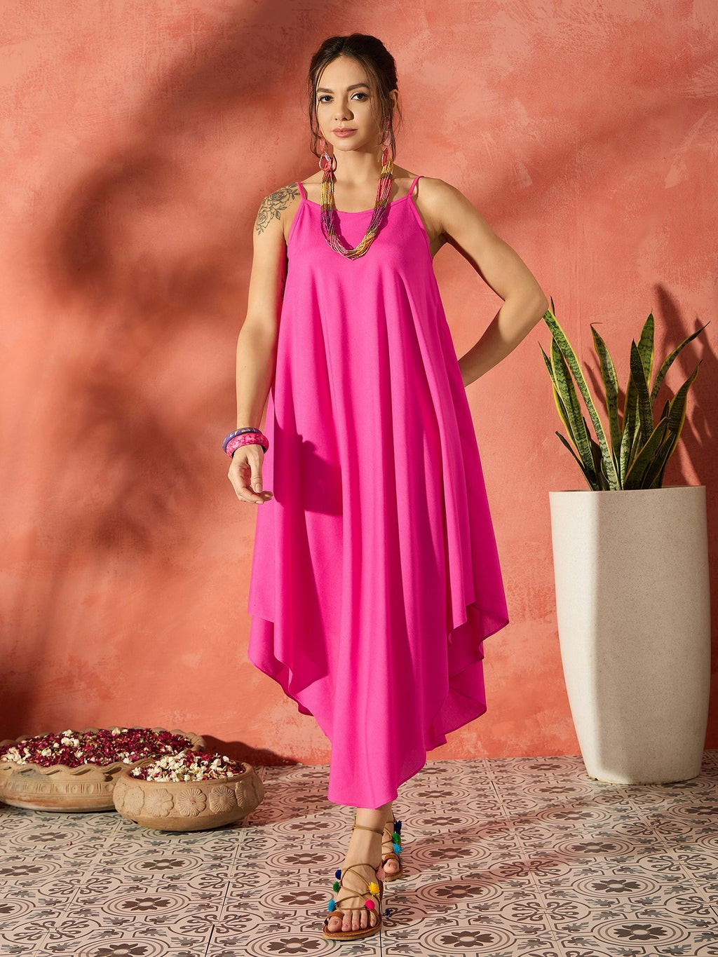 InWeave Blue Floral Fuchsia Asymmetrical Dress | Grocsy