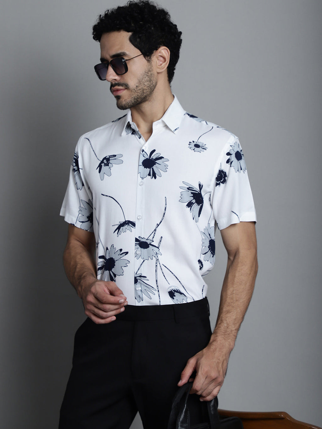 Jainish Men's Floral Printed Formal Shirts - White | Grocsy
