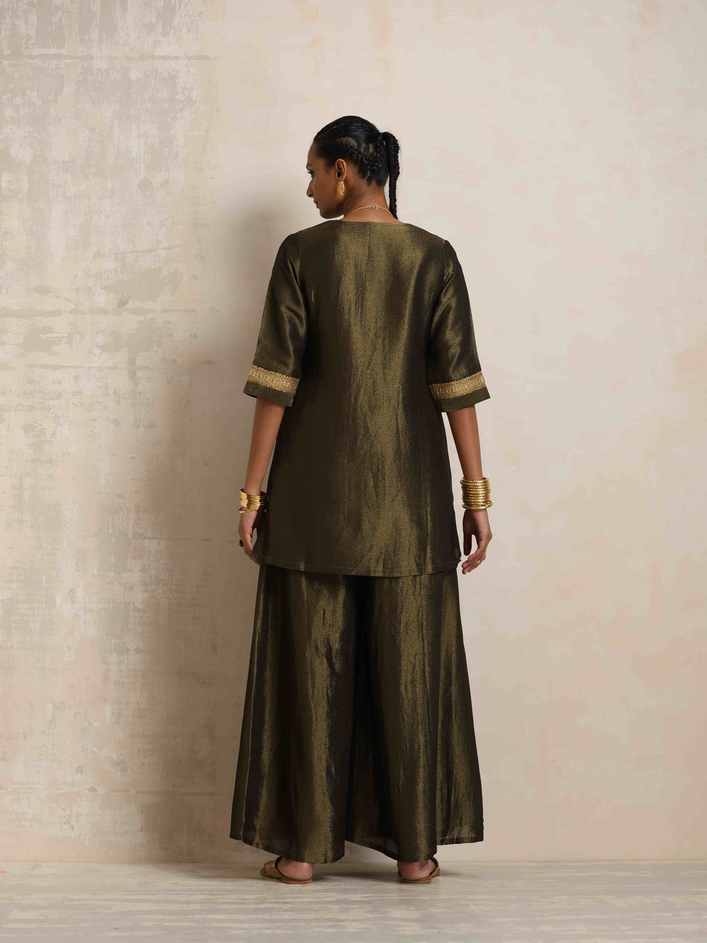 trueBrowns Olive Green Tissue Sharara Set | Grocsy