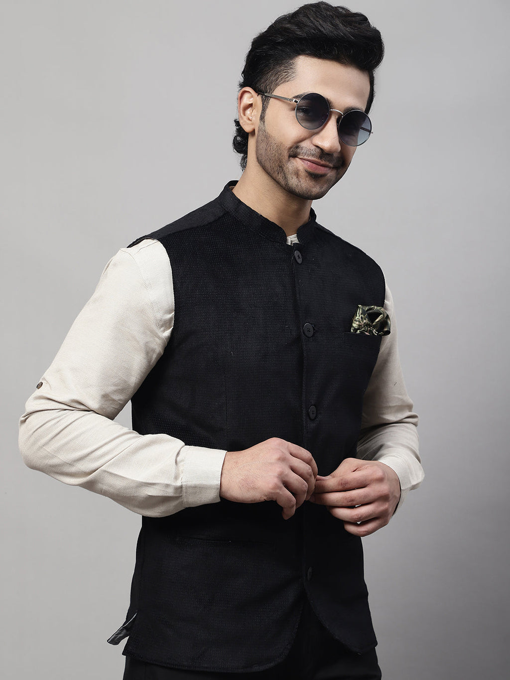 Even Apparels Men's Black Nehru Jacket With Welt Pockets | Grocsy
