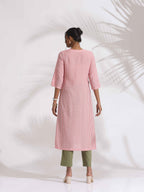 trueBrowns Red Cotton Stripe Straight Kurta Set | Grocsy