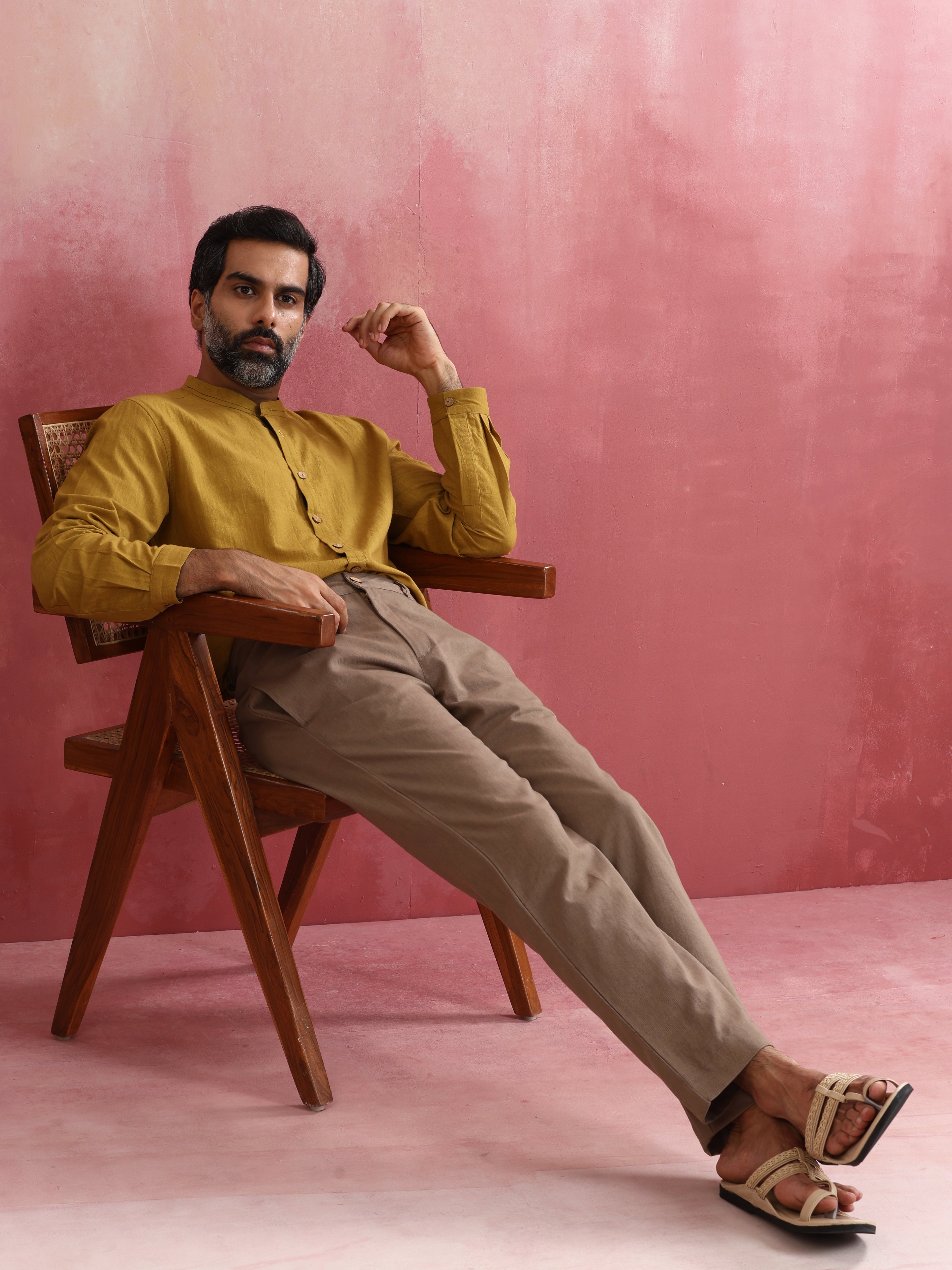 trueBrowns Men's Mustard Cotton Mandarin Collar Stylized Kurta | Grocsy