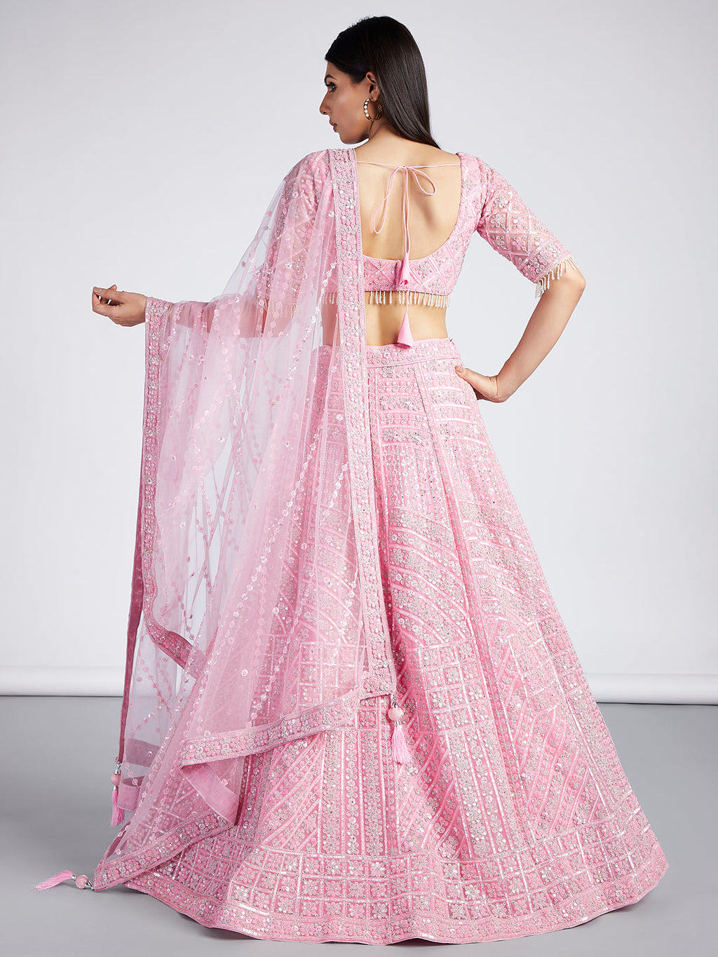 House of Panchhi Pink Net Sequins, Zarkan And Thread Embroidery Lehenga Choli & Dupatta | Grocsy