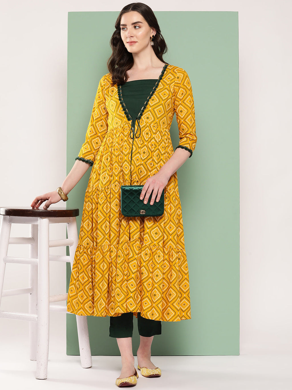 InWeave Women's Green Top Bottom W Mustard Bandhej Long Shrug Set | Grocsy