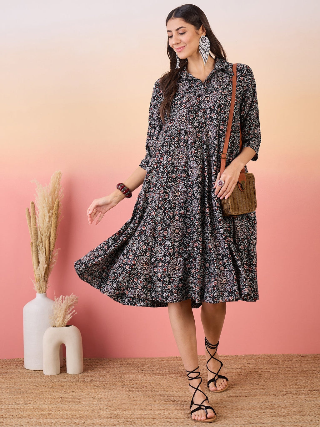 InWeave Black Maroon Ajrakh Foil Collar Flared Dress | Grocsy