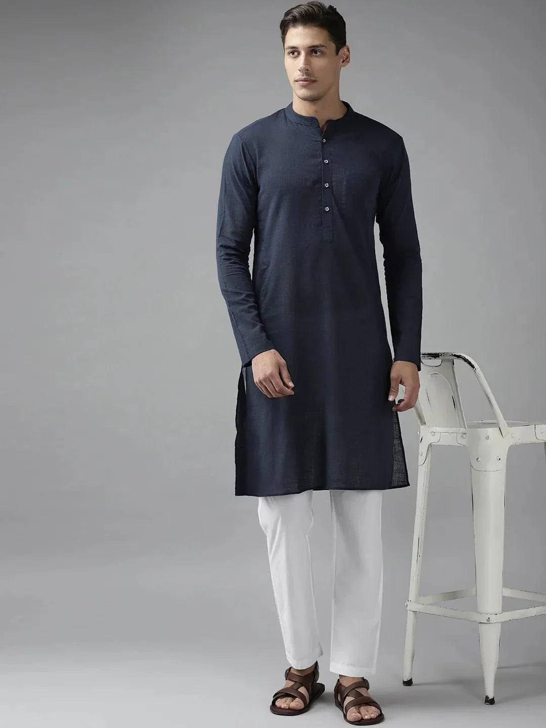 Fabmade Men Navy Blue Cotton Linen Kurta | Grocsy