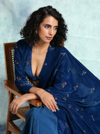 trueBrowns Blue Embroidered Velvet Ready to Wear Saree | Grocsy