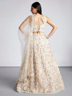 House of Panchhi Cream Net Sequins, Mirror And Thread Embroidery Lehenga Choli & Dupatta | Grocsy
