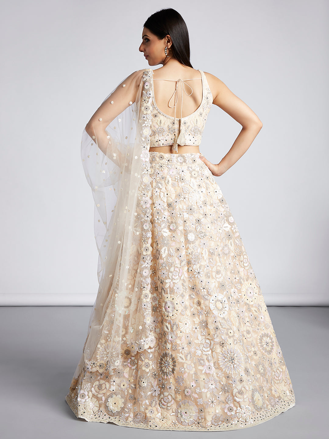 House of Panchhi Cream Net Sequins, Mirror And Thread Embroidery Lehenga Choli & Dupatta | Grocsy