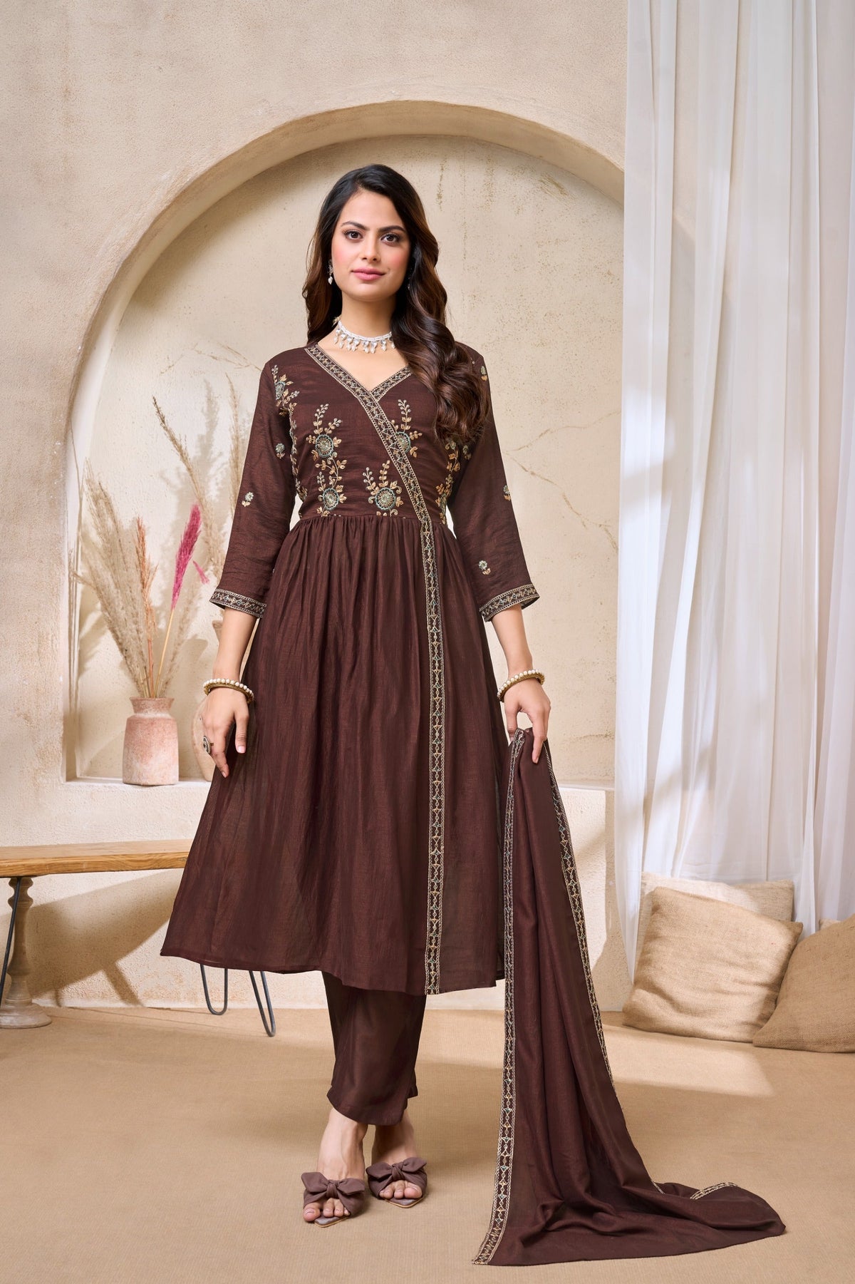Anaita Coffee Anarkali Readymade Suit with Embroidery Work | Grocsy
