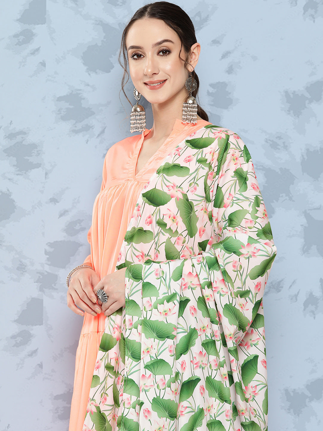InWeave Women's Peach Tiered Kurta Set With White Pink Lotus Cr Dupatta | Grocsy