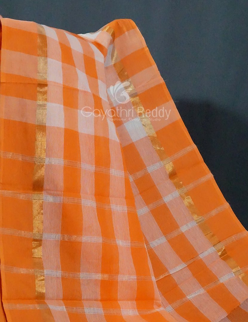 Cream And Orange Colored With Checks Pure Mangalgiri Cotton Saree By Gayathri Reddy Designer Studio | Grocsy