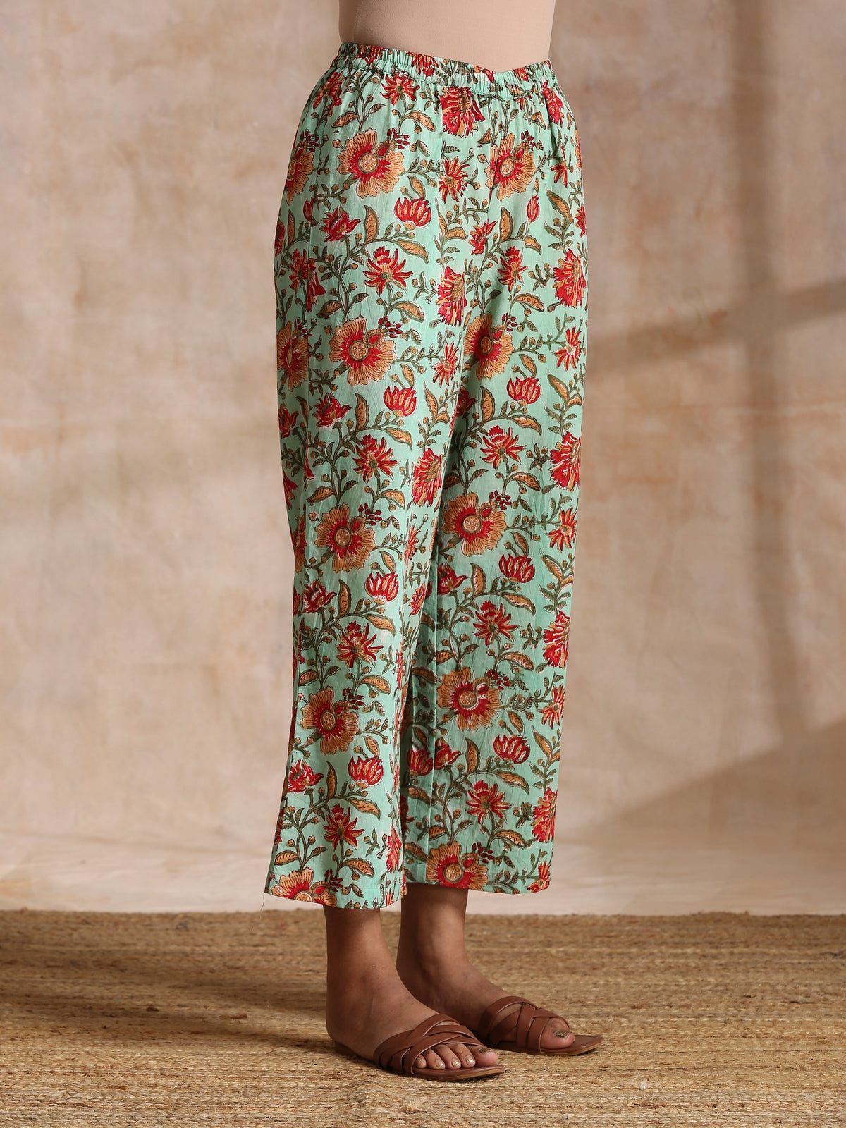 trueBrowns Seafoam Green Overall Floral Block Print Cotton Angrakha Pant Set | Grocsy