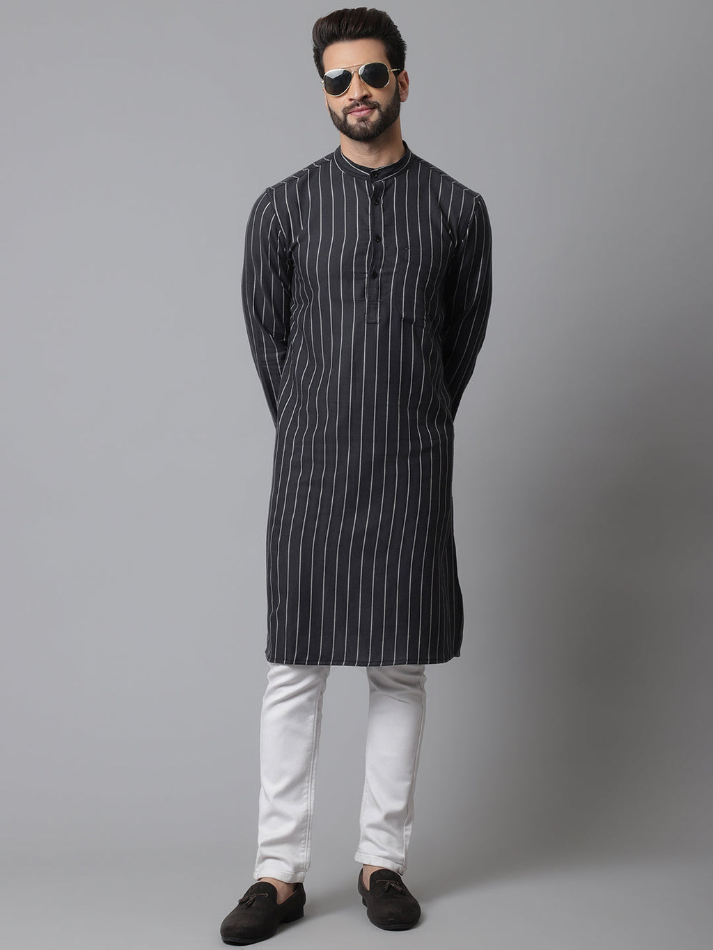 Even Apparels Black Pure Cotton Kurta With Band Collar | Grocsy