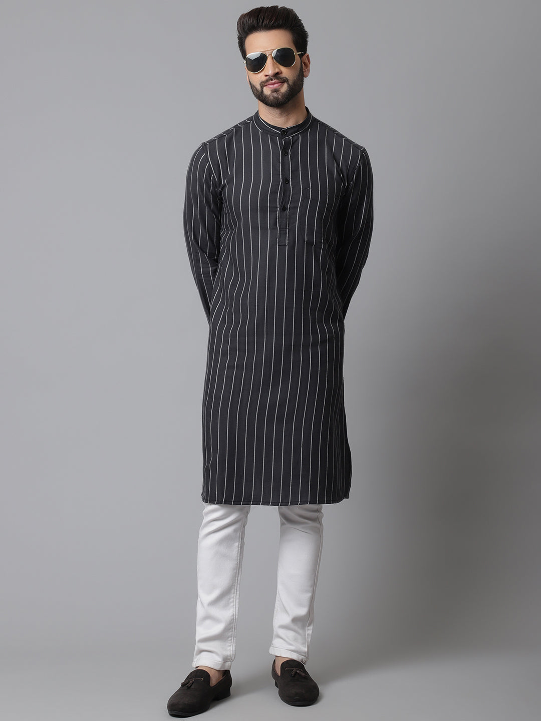 Even Apparels Black Pure Cotton Kurta With Band Collar | Grocsy