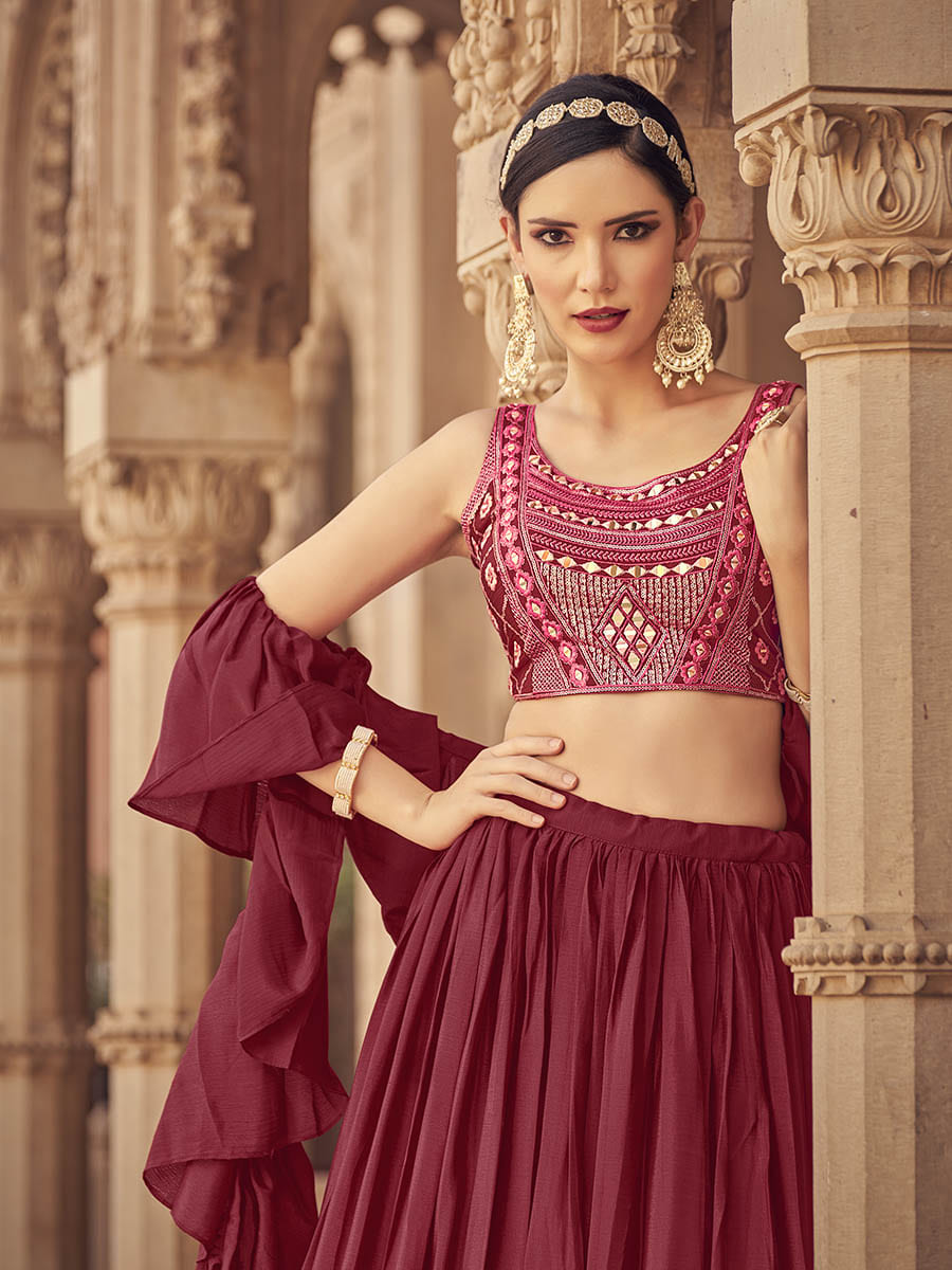 Myra Maroon Chinon & Art SIlk Embroidered Designer Lehenga Choli | Grocsy