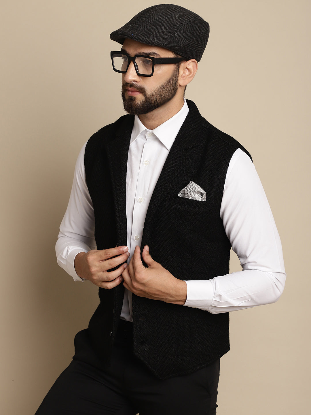 Even Apparels Men's Black Wool Waistcoat with Notched Lapel | Grocsy