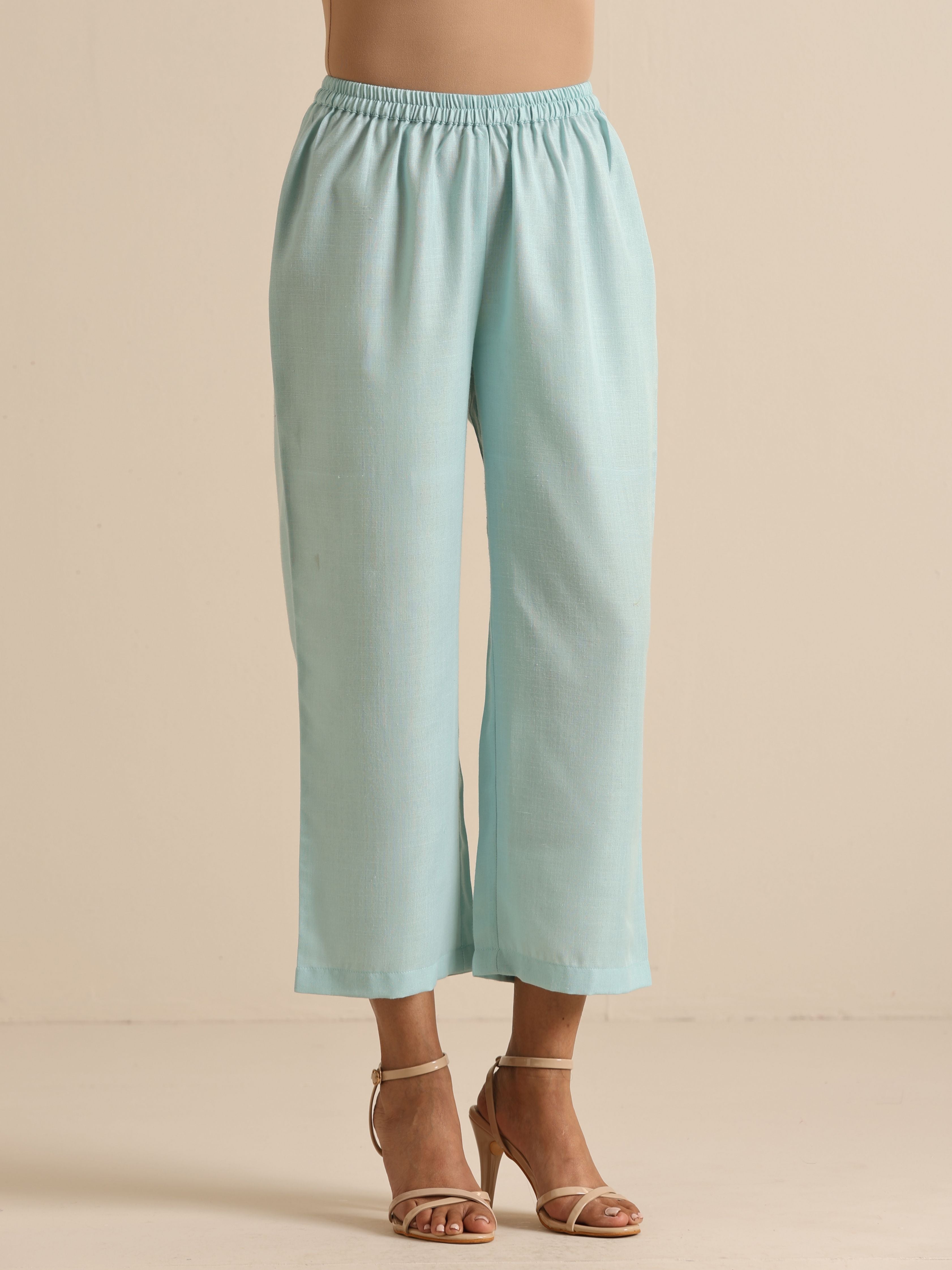 trueBrowns Sky Blue Slub Sleeveless Flared Kurta Pant Set | Grocsy