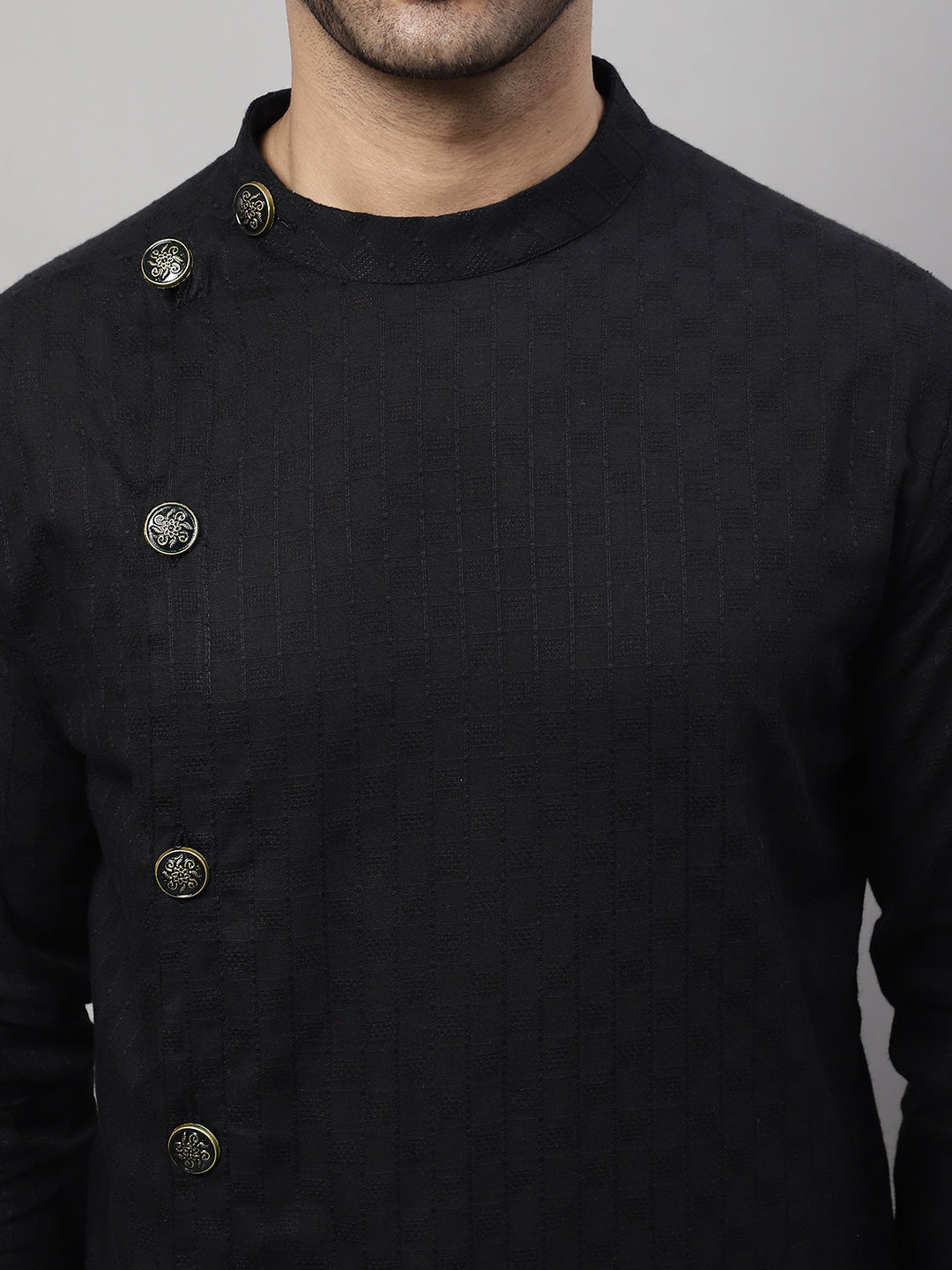 Even Apparels Black Pure Cotton Kurta With Band Collar | Grocsy