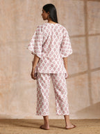 trueBrowns Pink Buta On White Block Print Cotton Kaftan Co-Ord Set | Grocsy