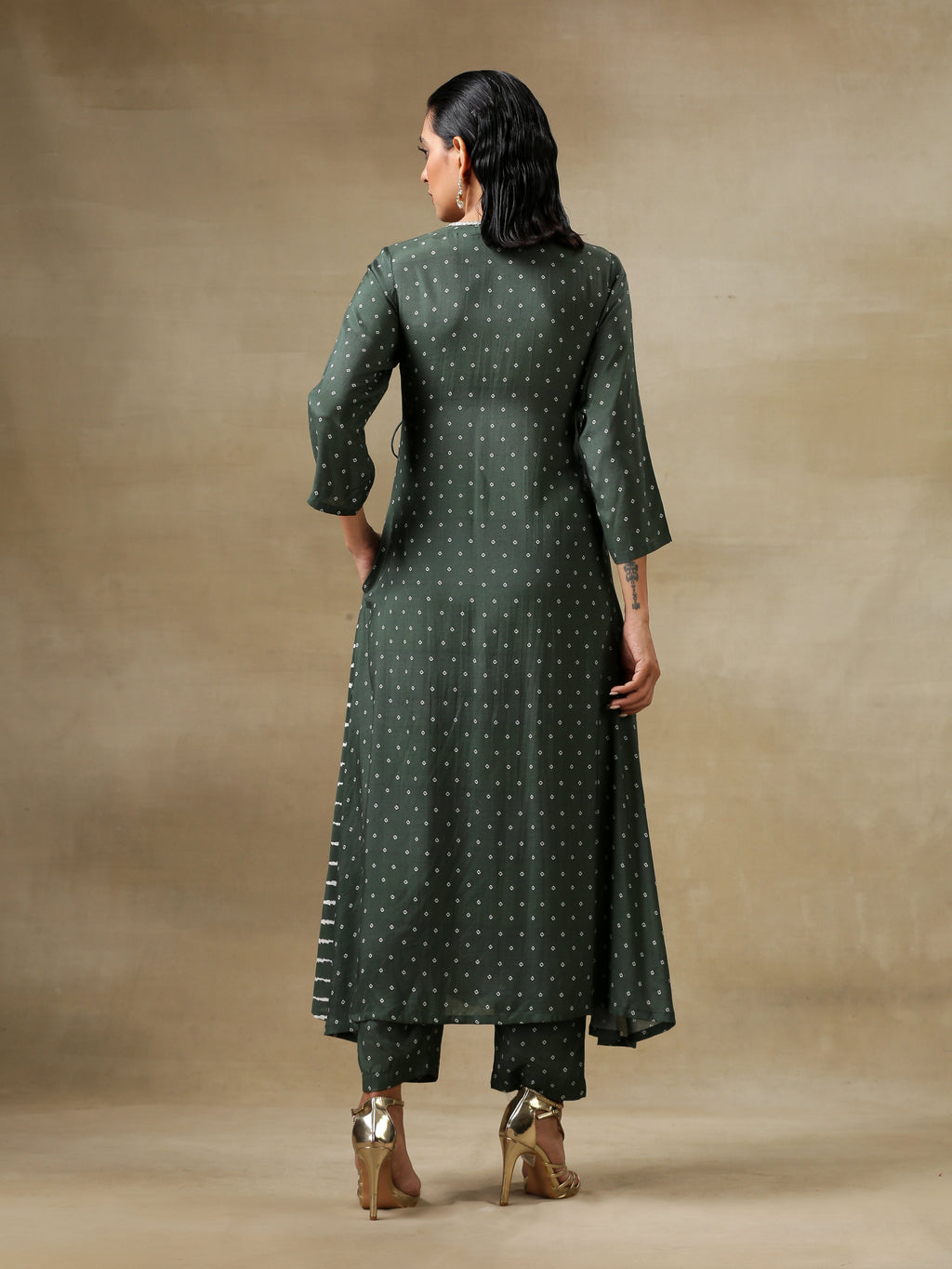 trueBrowns Dark Green Bandhani Printed Silk Angrakha Kurta Pant Set | Grocsy