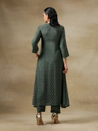 trueBrowns Dark Green Bandhani Printed Silk Angrakha Kurta Pant Set | Grocsy