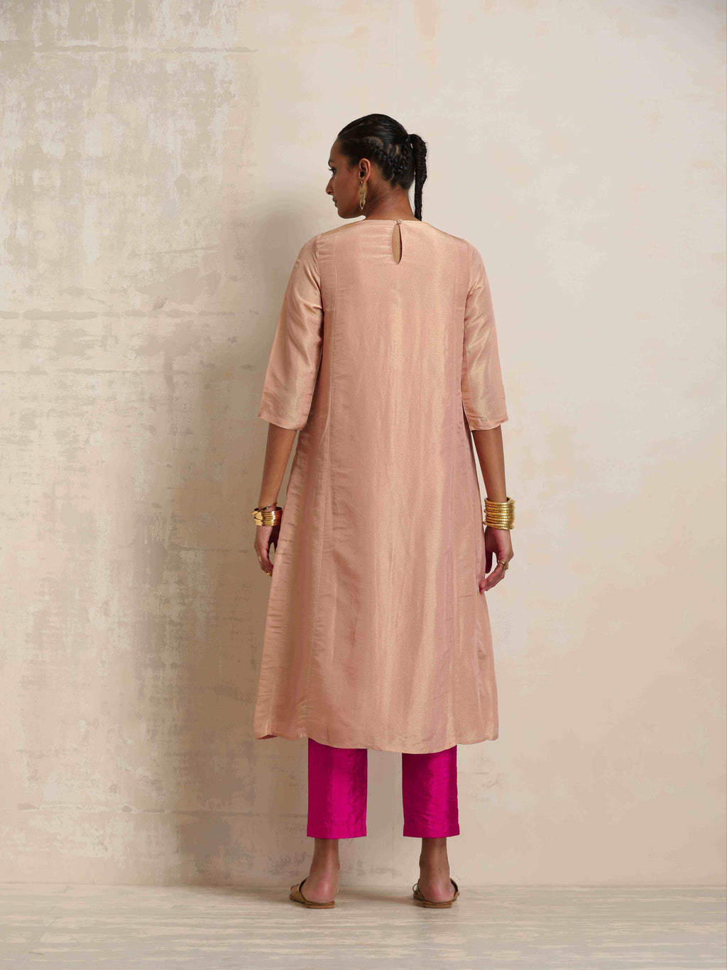 trueBrowns Blush Pink Tissue A-line Kurta Set | Grocsy