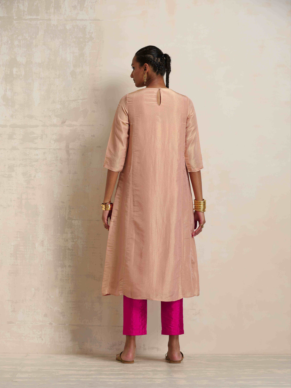 trueBrowns Blush Pink Tissue A-line Kurta Set | Grocsy