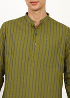 Fabmade Olive Stripe Linen Kurta | Grocsy